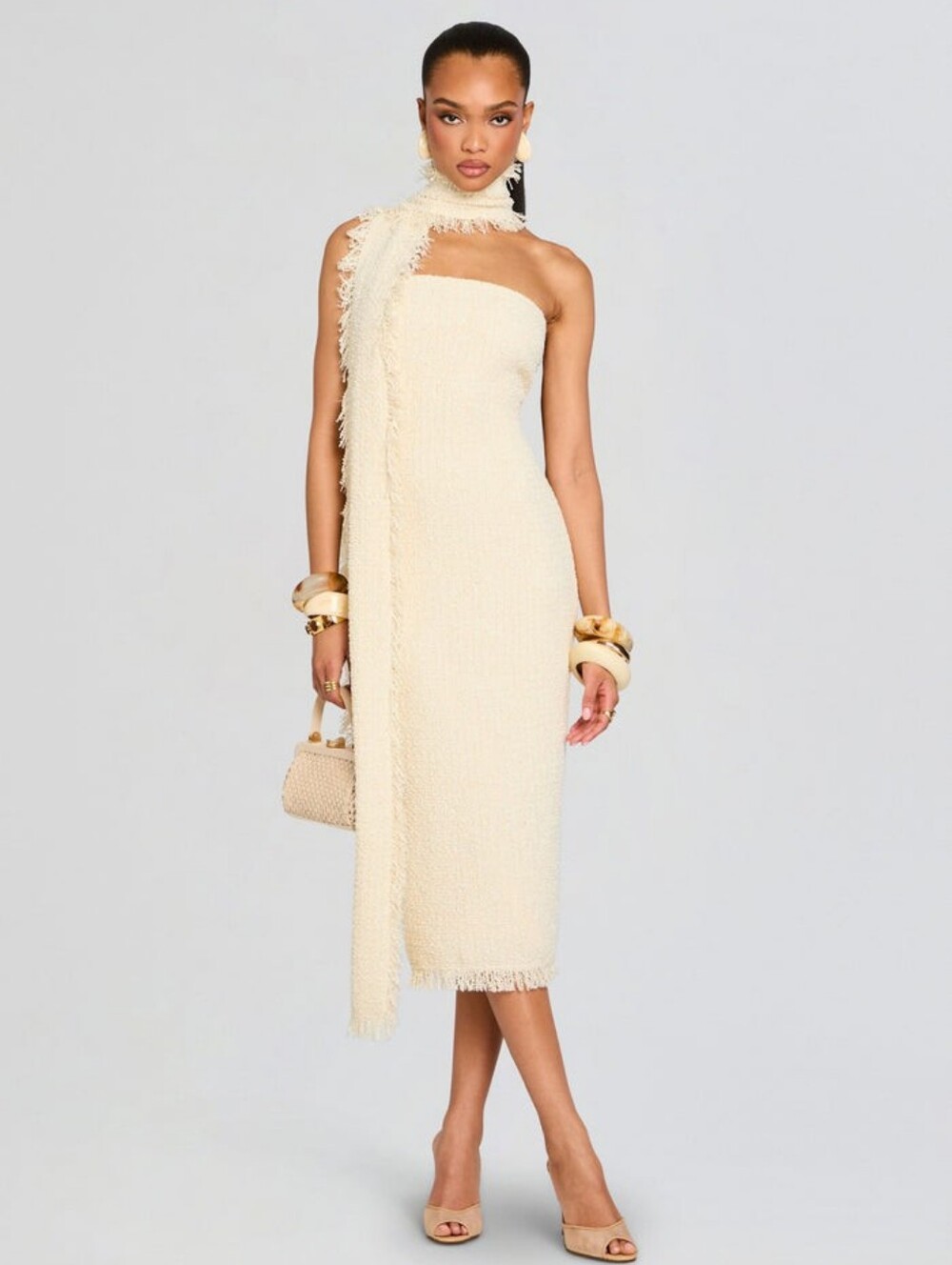 $568 NWT SEROYA Lott Boucle Midi Dress w Scarf Eggshell XS